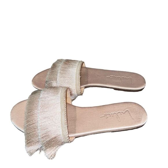 Maelie Light Nude Satin Fringe Slide Sandals size 8 - Picture 3 of 5